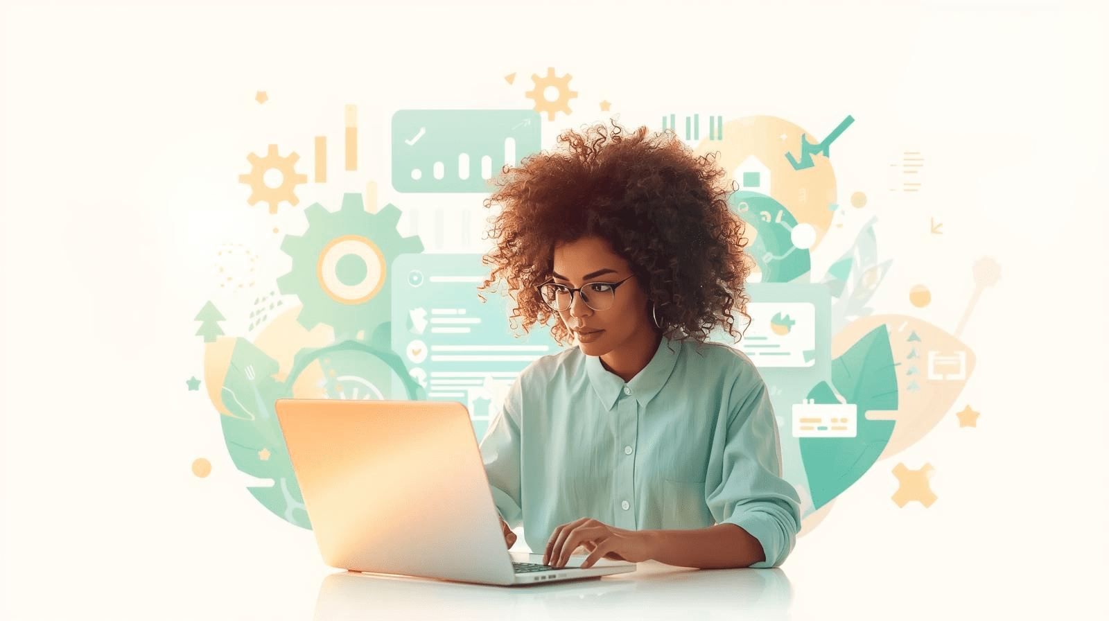 Vrouwelijke zzp’er werkt geconcentreerd op laptop, omringd door iconen van planning, productiviteit en online tools.